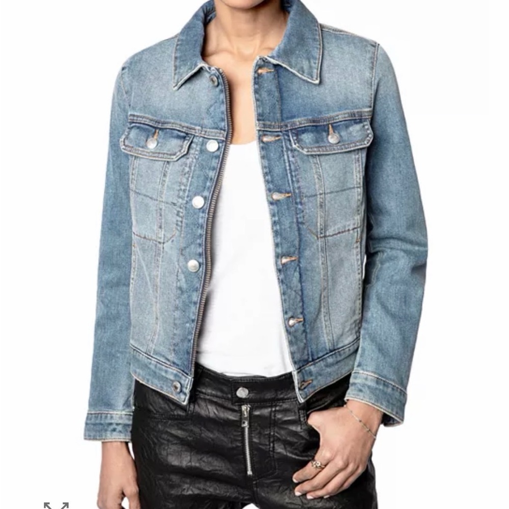 Zadig & Voltaire Kioki Denim Jacket with Colorful Band of Sisters Graphic - Picture 3 of 4